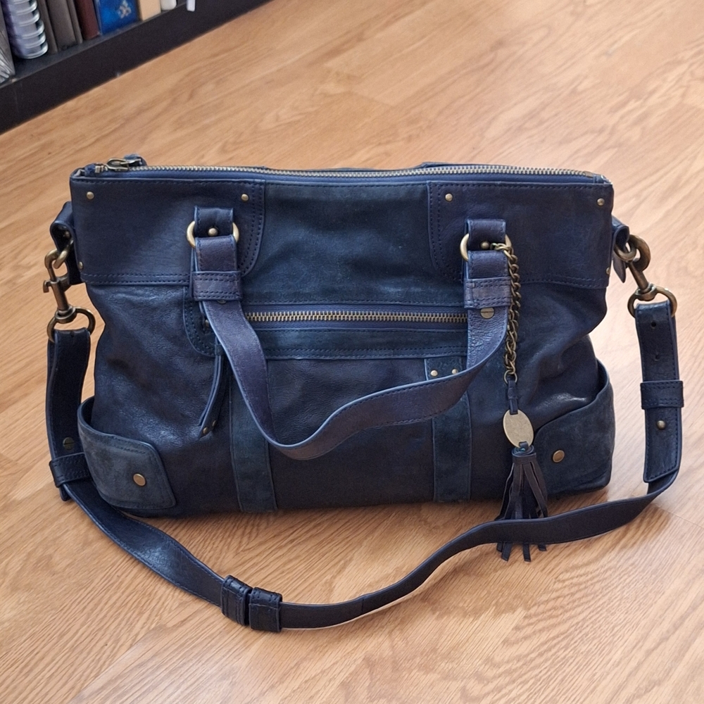 OLIVIA HARRIS BLUE LEATHER & SUEDE SATCHEL TOTE BAG WITH AGED BRASS ZIPPERS EUC